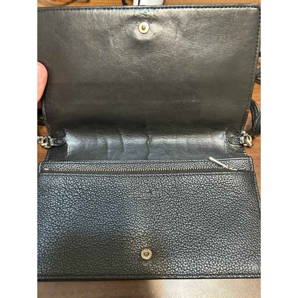 Coach Black Pebble Leather Foldover Crossbody Clutch Wallet Slim Purse - Picture 2 of 14